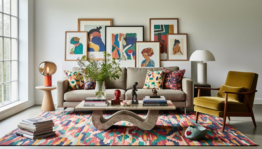 Cozy living room with mismatched vintage chairs, abstract art, and layered textiles in warm neutral tones