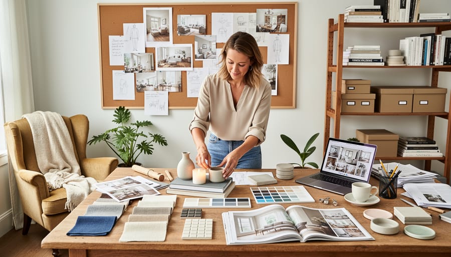 Lara Rhode in a bright home office holding a magazine layout or tablet with blank pages
