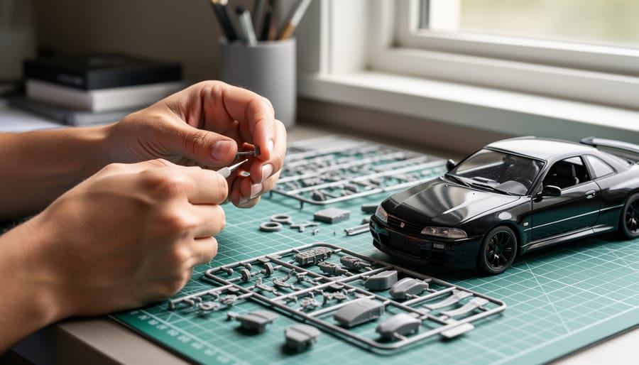 Adult hands assembling a 1:24 model car kit on a wooden workbench with tools nearby