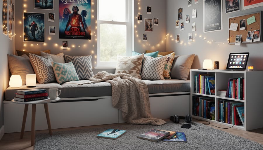 Cozy teen reading nook with cushions, hanging chair, and books on display