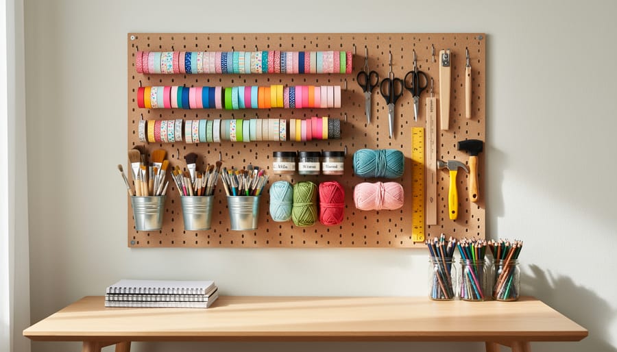 Pegboard organization wall with hooks and bins holding teen accessories