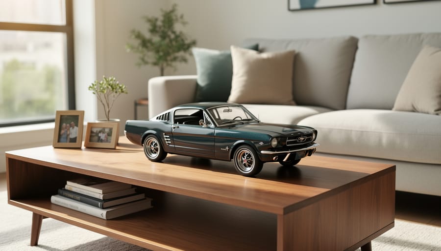 Finished model car displayed on a glass shelf in a modern living room with warm lighting