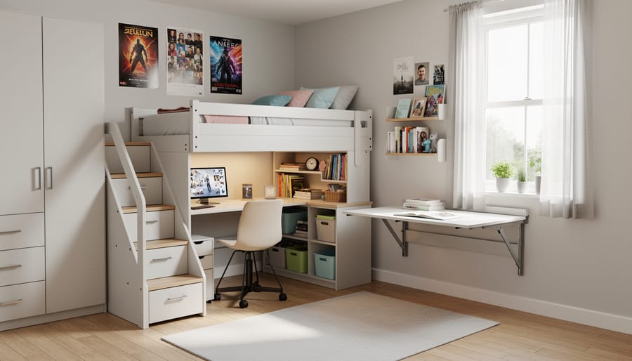 Loft bed with integrated desk and storage in a teen bedroom