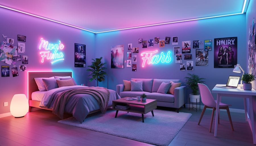 Teen bedroom corner with glowing neon-style sign and LED strip lighting reflecting on the wall