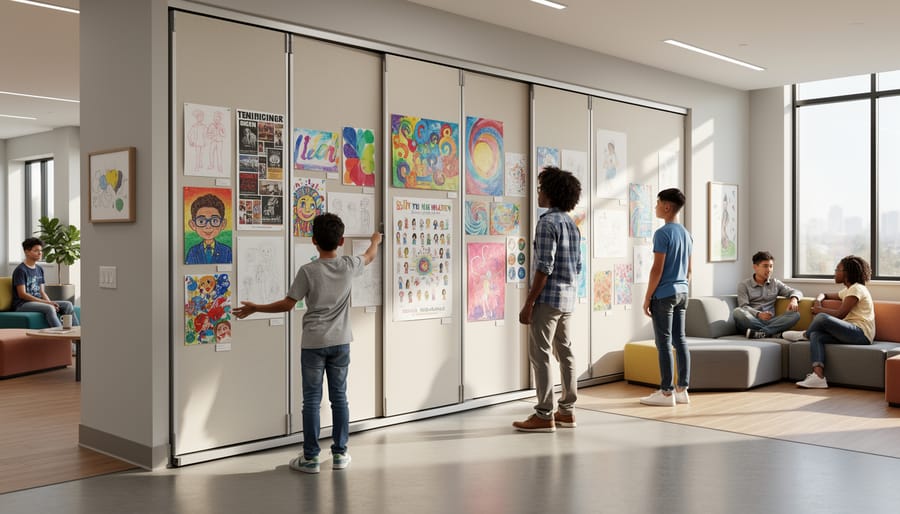 Teen bedroom wall with a rotating clip-style display holding photos and artwork