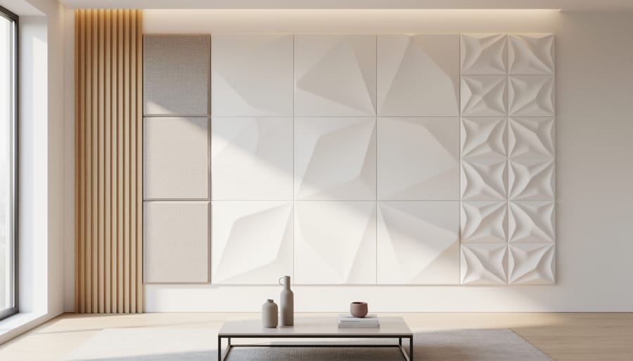 Teen bedroom wall with wood slat accent texture and fabric wall hangings