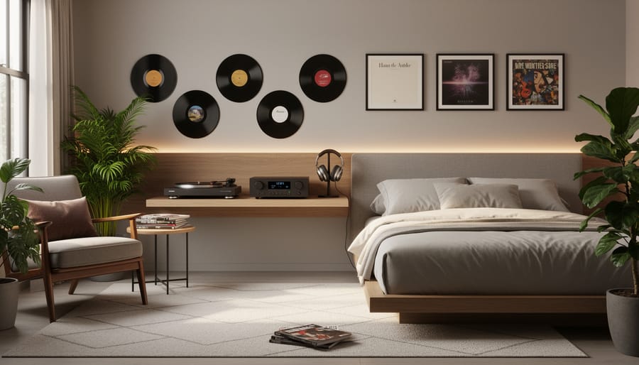 Teen bedroom corner with vinyl records, vintage posters, and a small instrument display