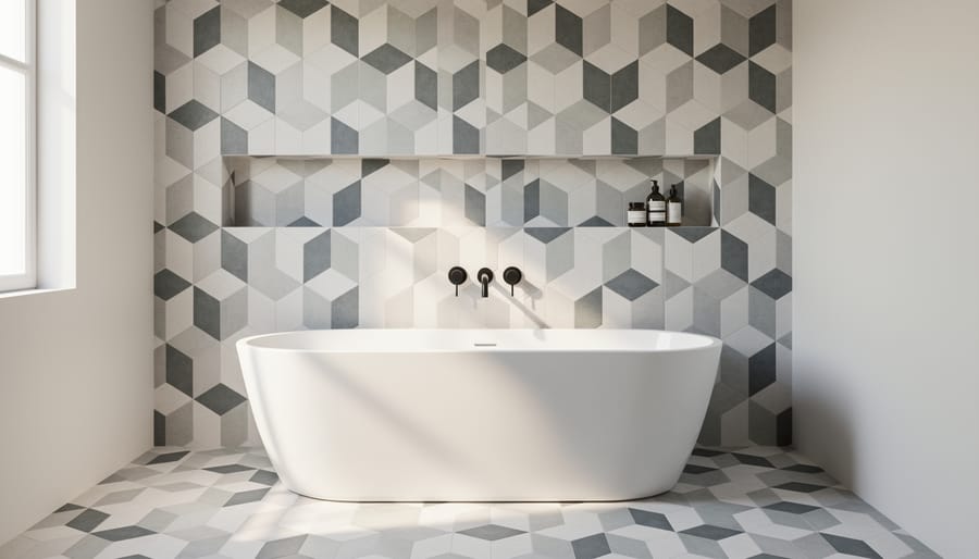 Geometric patterned tile feature wall surrounding a bathtub with navy and charcoal tones