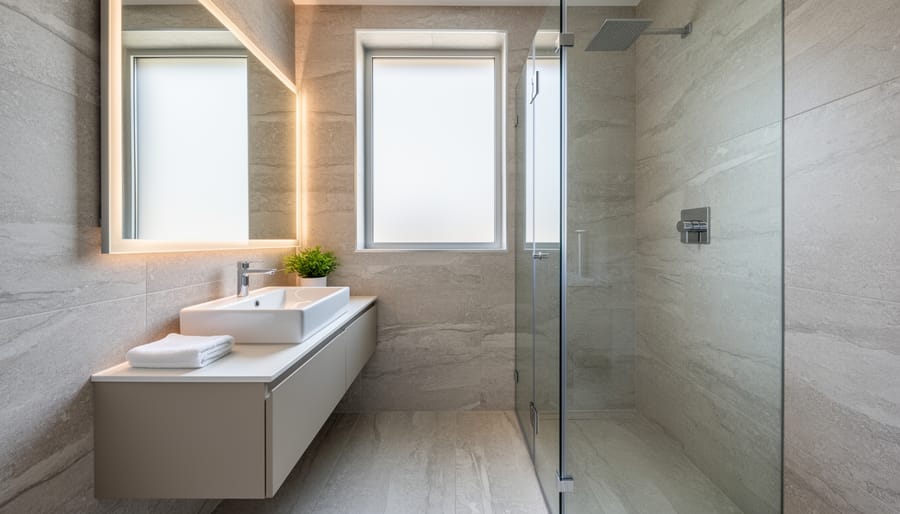 Stone-look luxury tile around a bathtub in a modern bathroom with warm beige and taupe tones