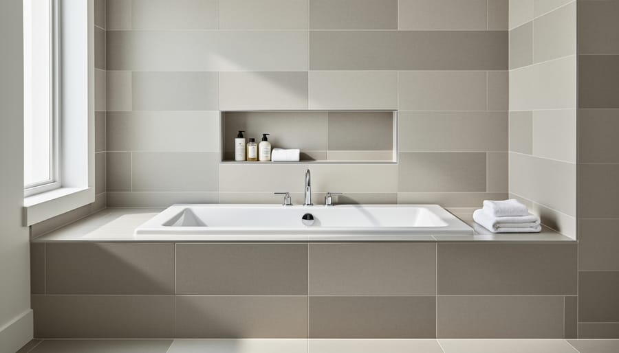 Modern bathtub surrounded by large-format gray tiles with subtle grout lines and minimal bathroom styling