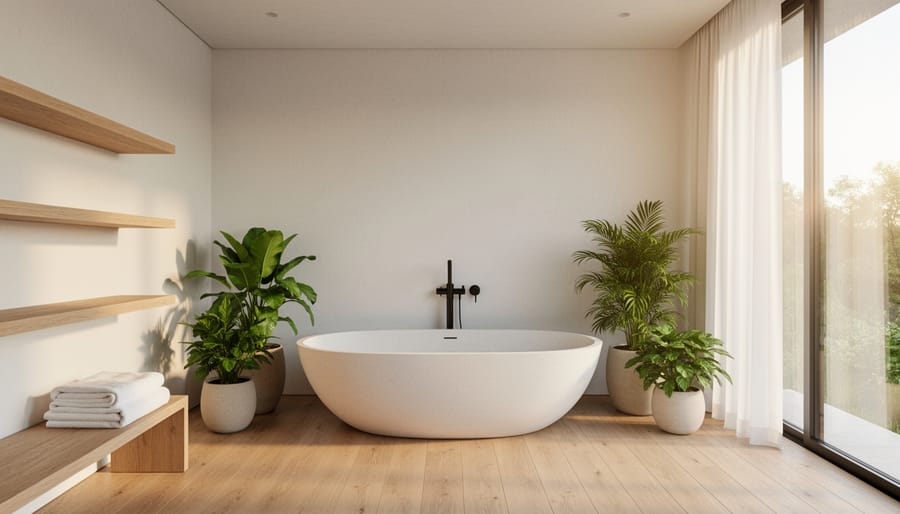 Zen modern bathroom with a freestanding soaking tub near a window, neutral stone finishes, and a small plant.