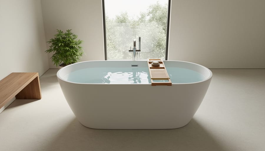 Macro view of a matte zen-inspired soaking tub with still water, minimalist spa accessories blurred in the background.